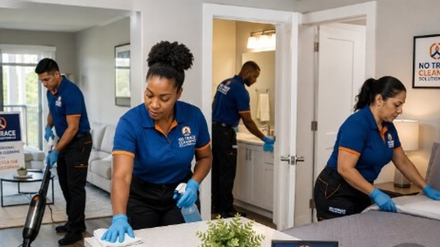 Turnover cleaning team preparing a property